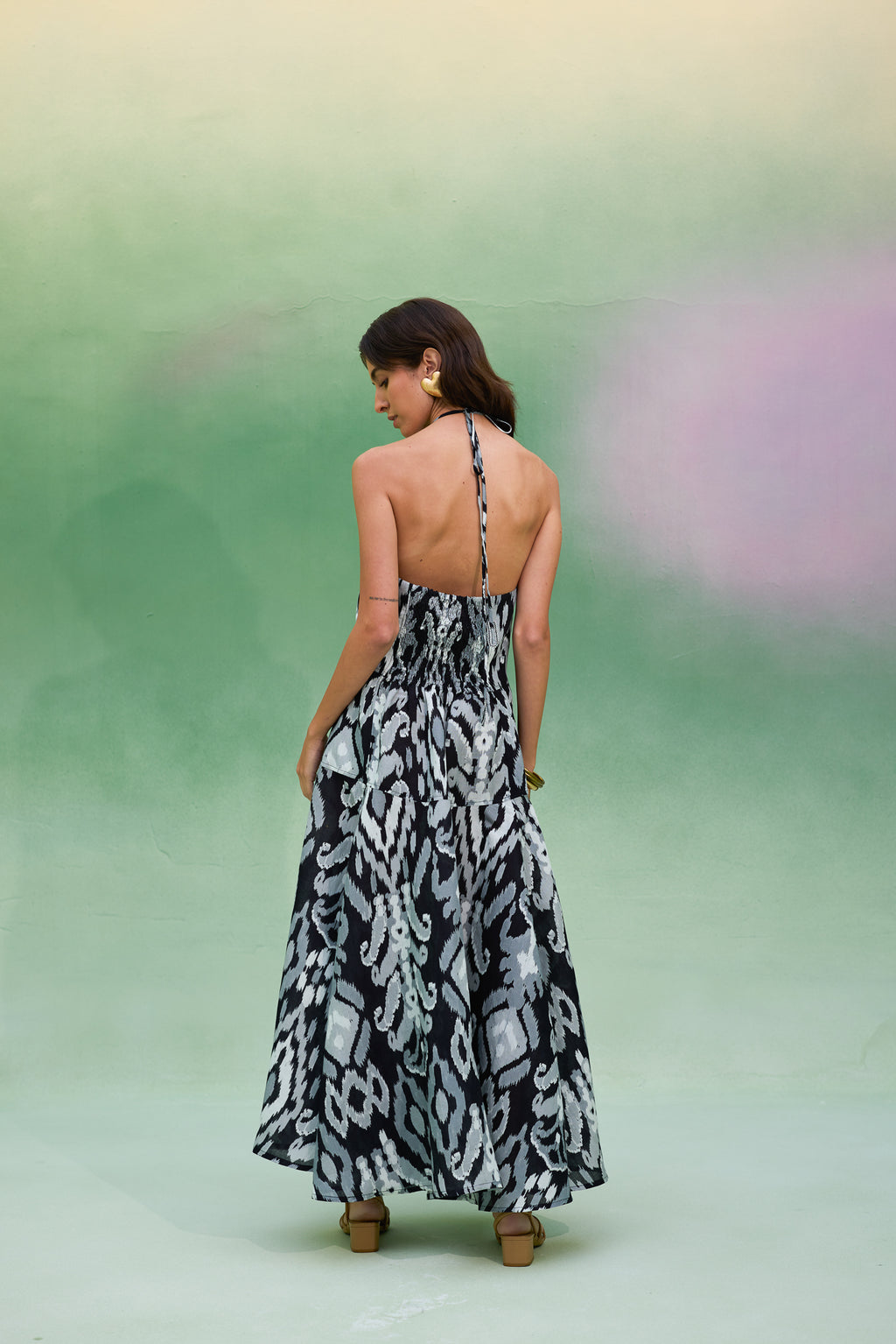 Greyscale Oversized Ikat Halter Neck Maxi Dress