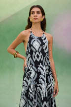 Greyscale Oversized Ikat Halter Neck Maxi Dress