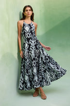 Greyscale Oversized Ikat Halter Neck Maxi Dress