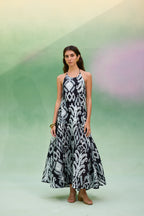 Greyscale Oversized Ikat Halter Neck Maxi Dress