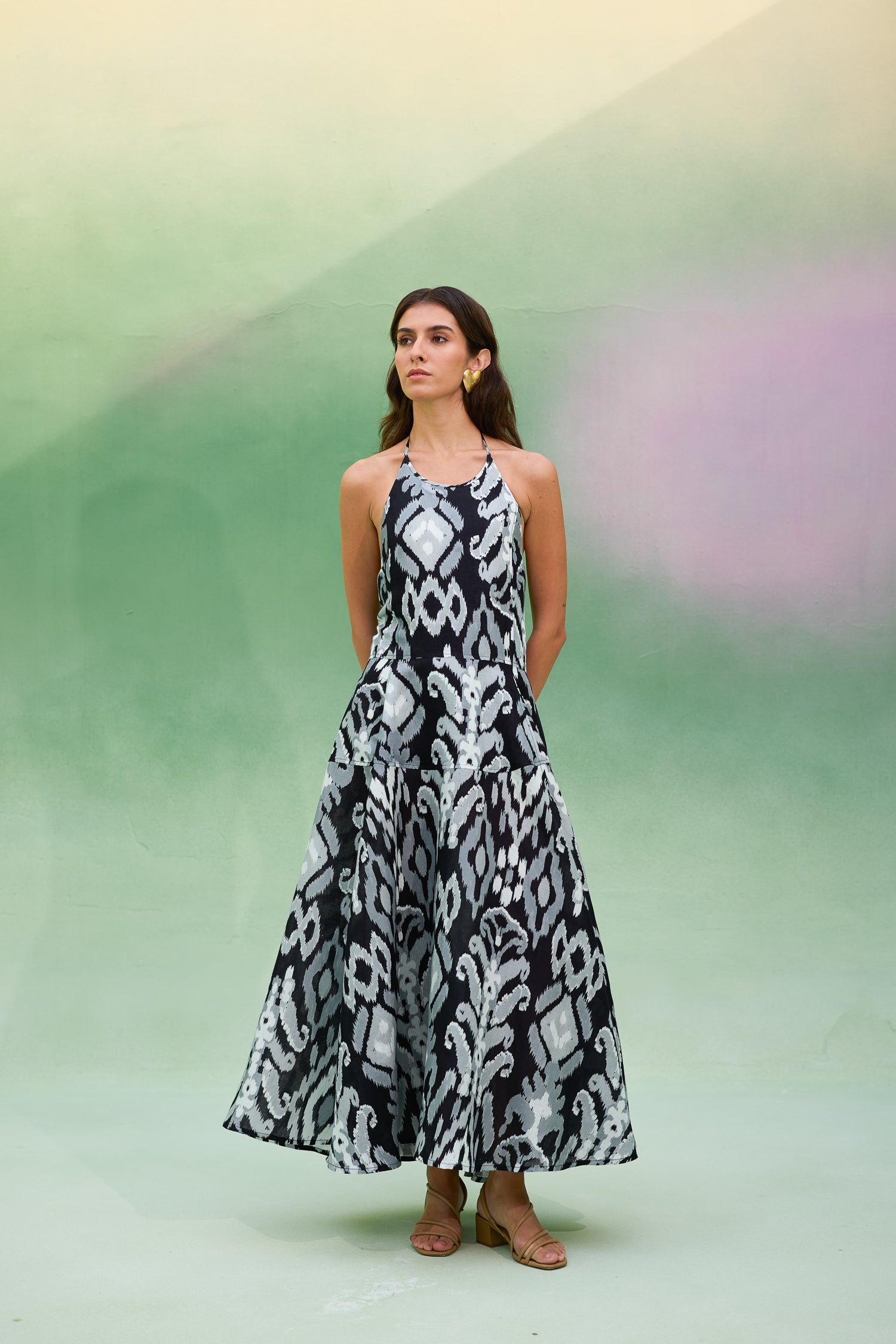 Greyscale Oversized Ikat Halter Neck Maxi Dress