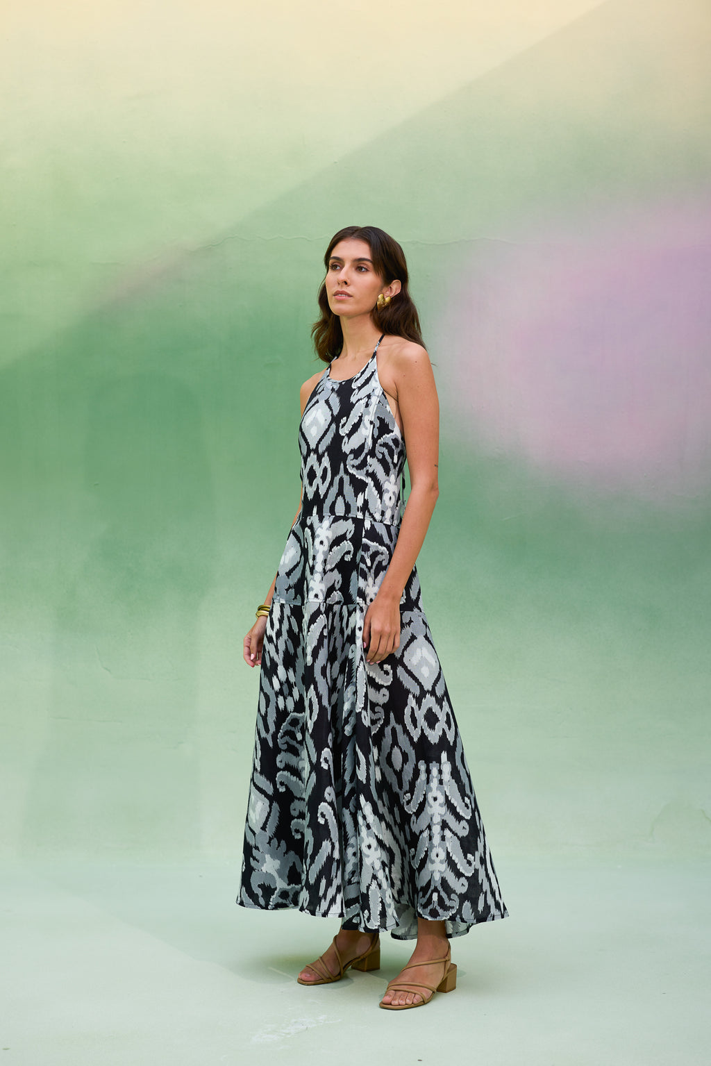 Greyscale Oversized Ikat Halter Neck Maxi Dress