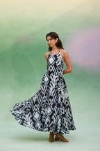 Greyscale Oversized Ikat Halter Neck Maxi Dress
