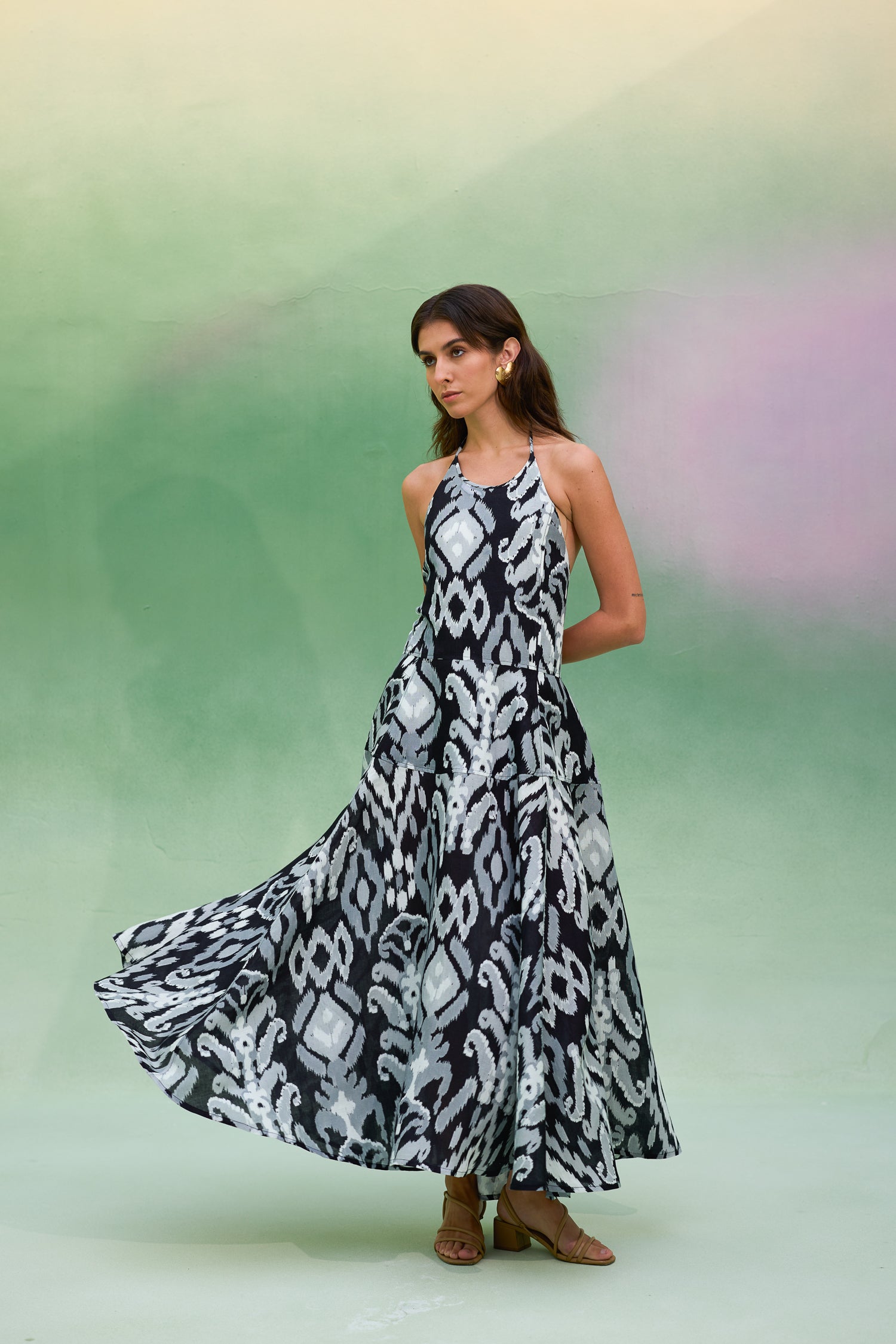 Greyscale Oversized Ikat Halter Neck Maxi Dress