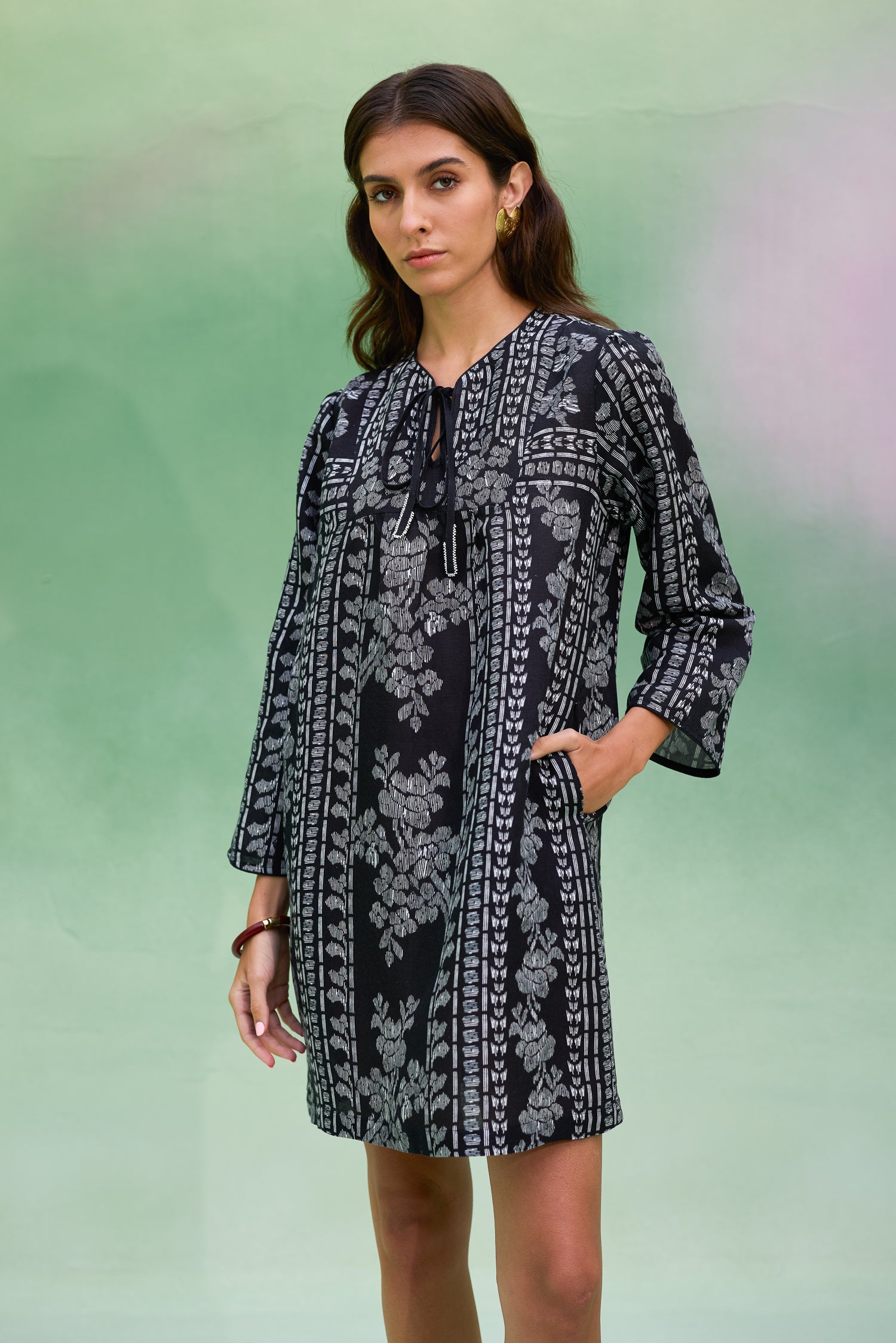 Black Floral Ikat Symmetrical Shift Dress