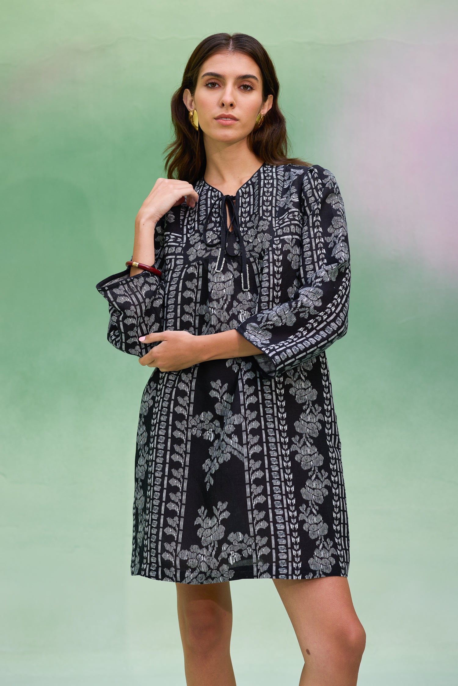 Black Floral Ikat Symmetrical Shift Dress