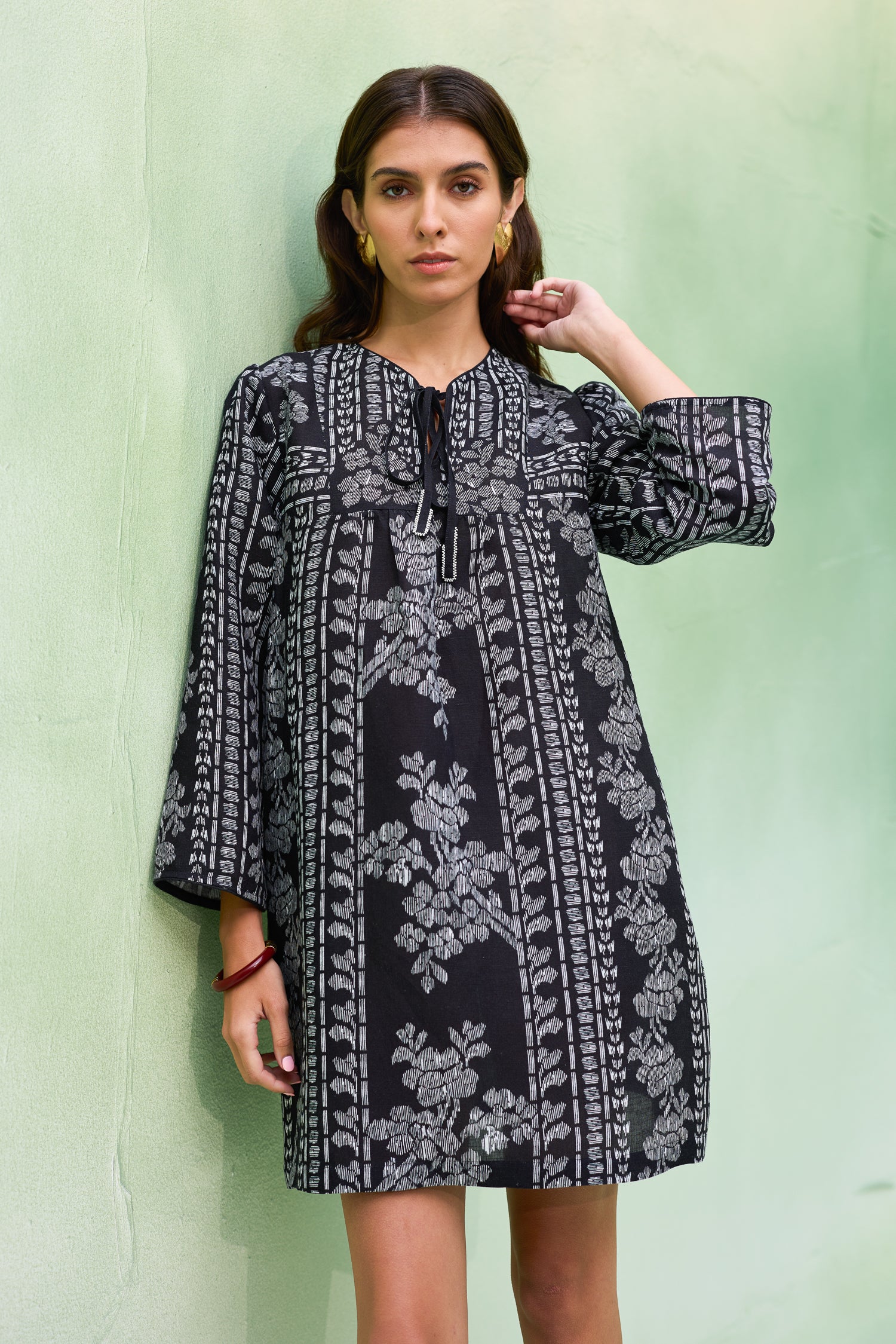 Black Floral Ikat Symmetrical Shift Dress