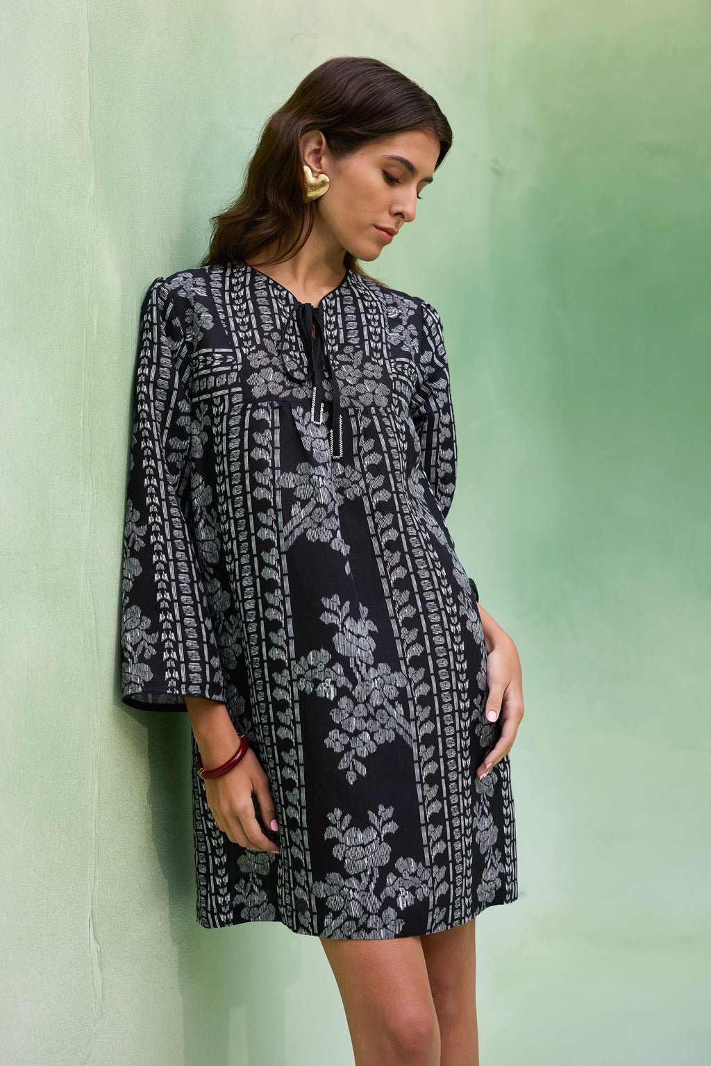 Black Floral Ikat Symmetrical Shift Dress