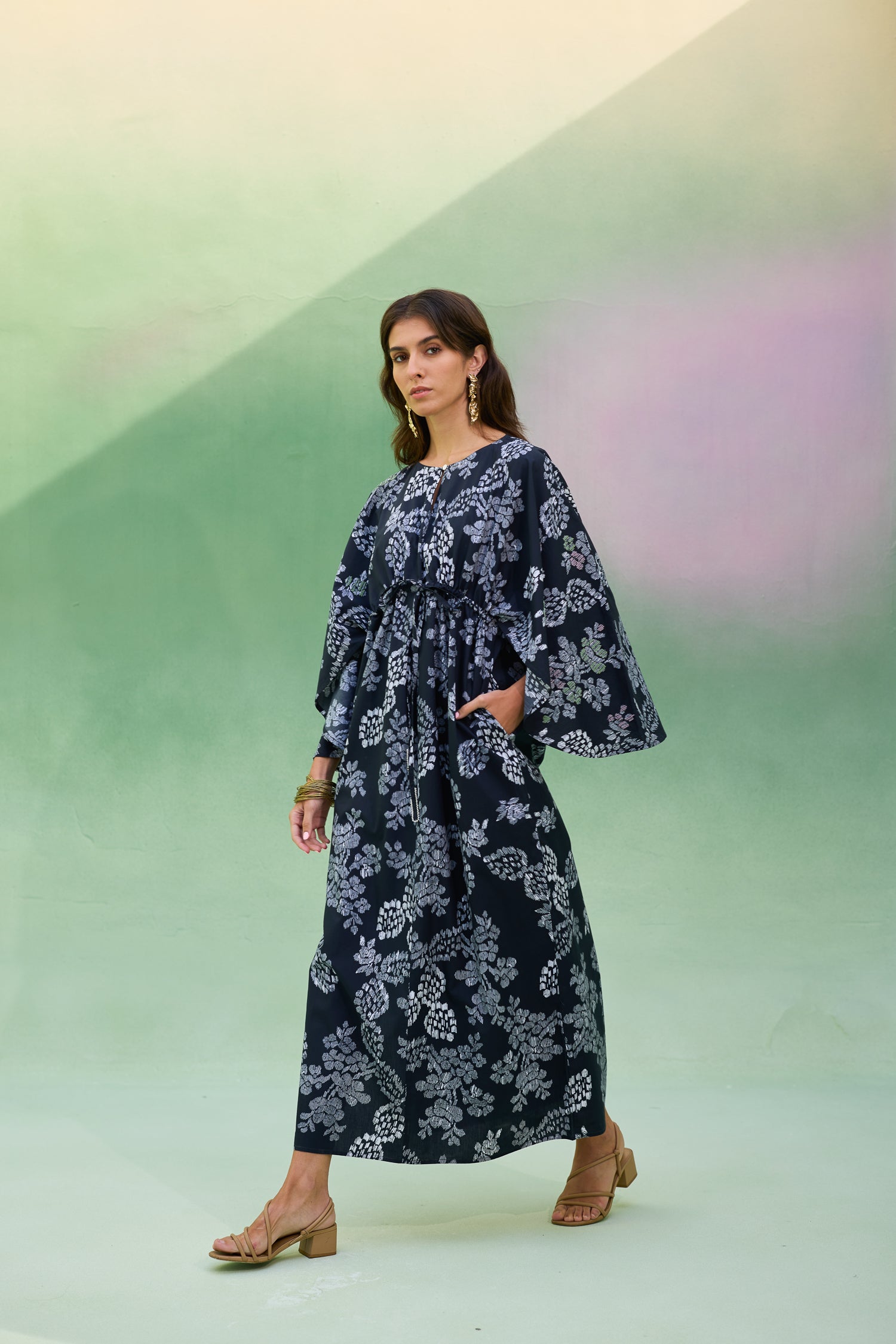Black Floral Ikat Kaftan Dress