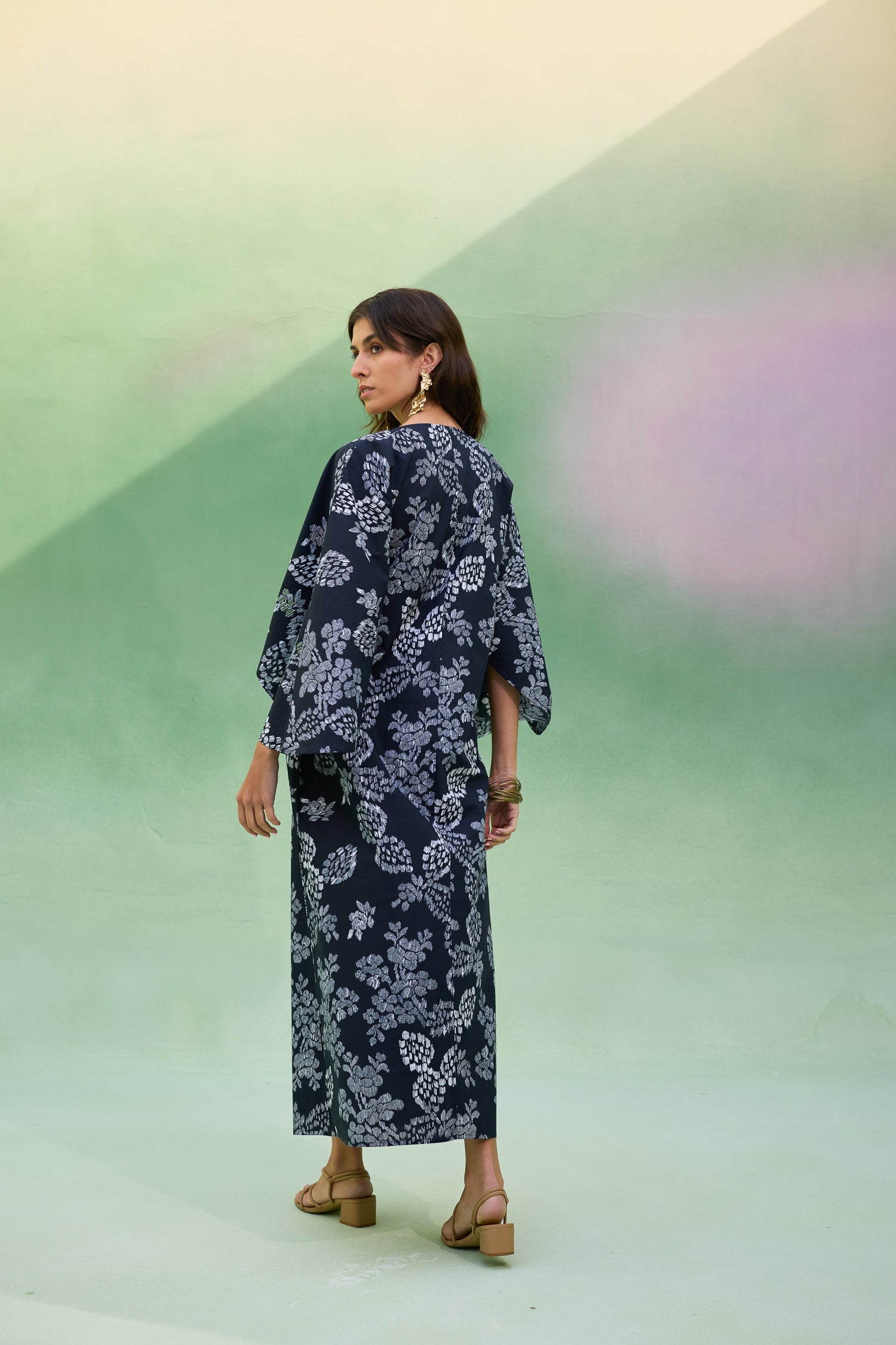 Black Floral Ikat Kaftan Dress