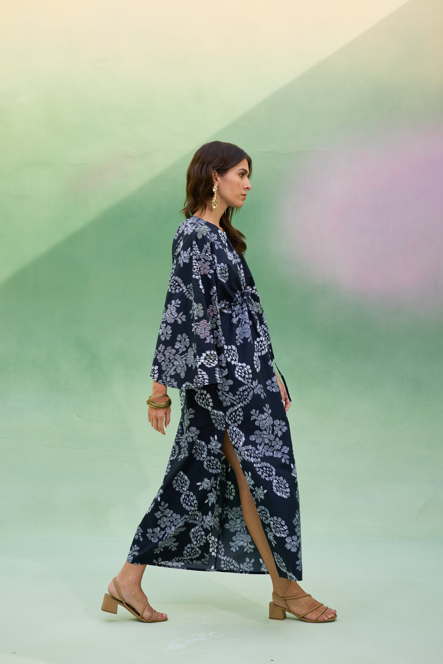 Black Floral Ikat Kaftan Dress