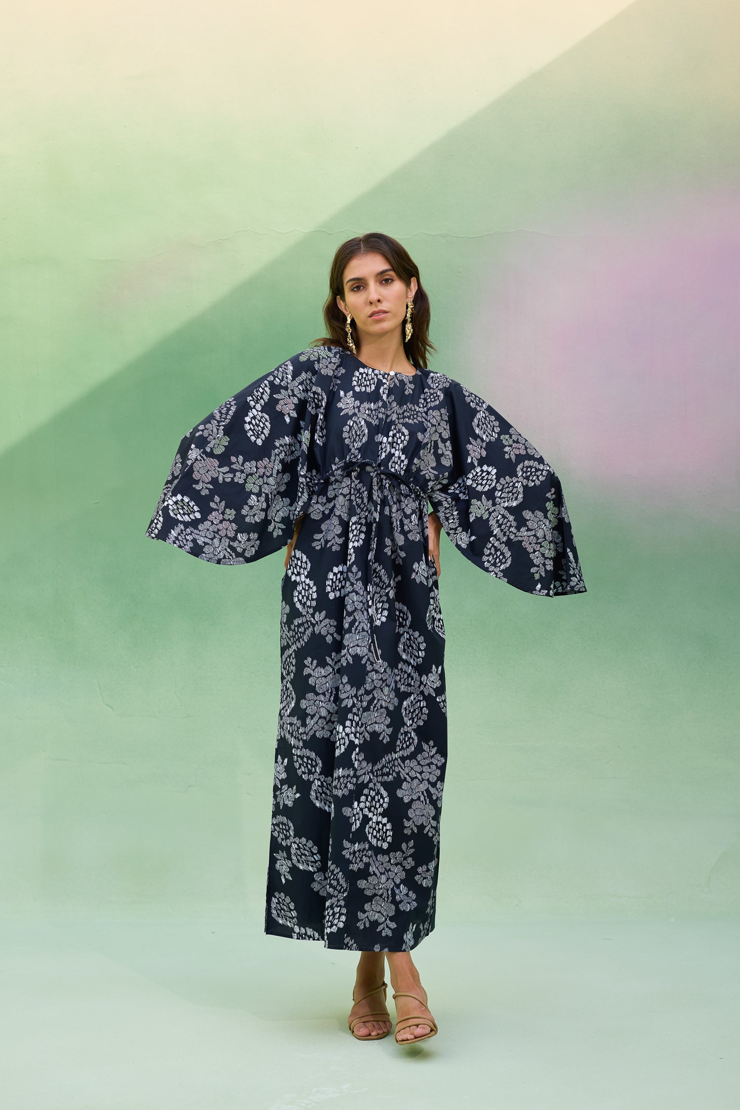 Black Floral Ikat Kaftan Dress
