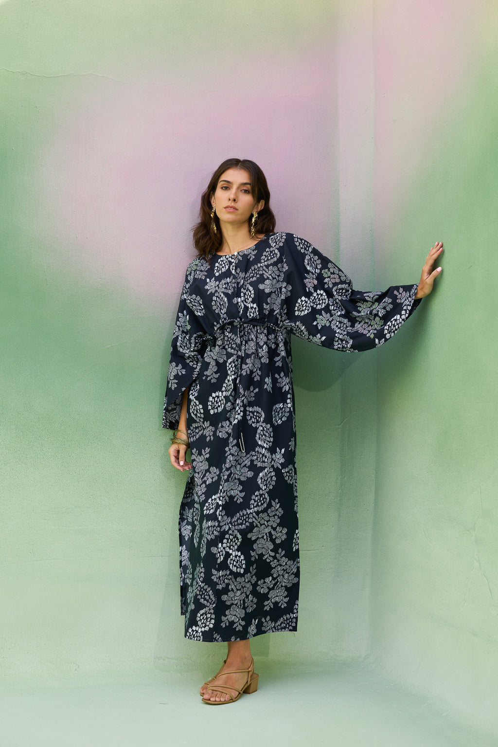 Black Floral Ikat Kaftan Dress