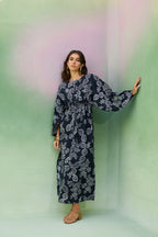 Black Floral Ikat Kaftan Dress