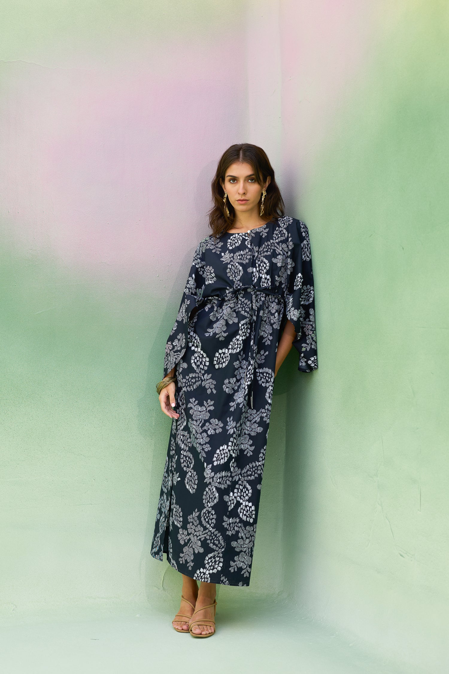 Black Floral Ikat Kaftan Dress