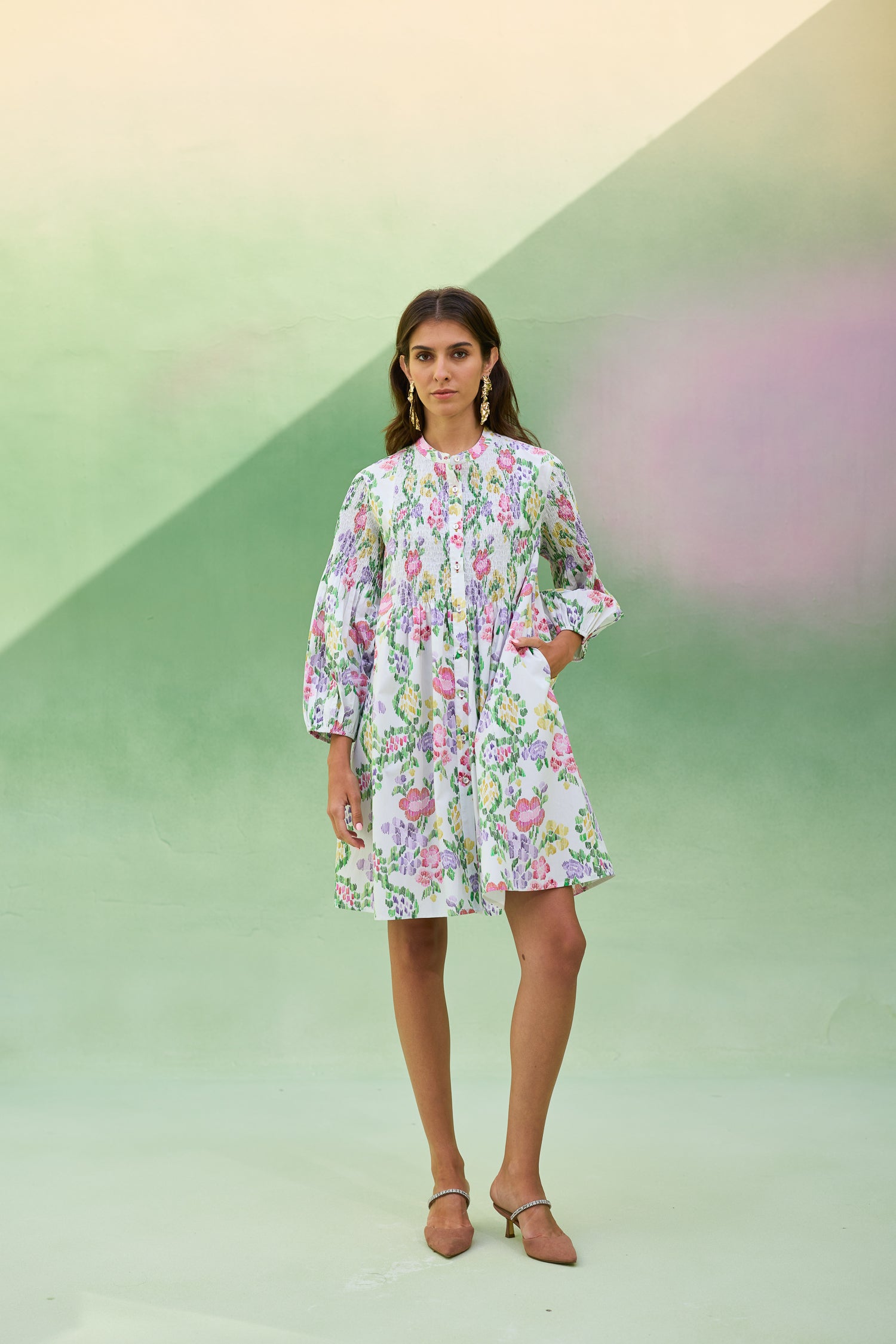 Ivory Floral Ikat Smocked Shirt Dress