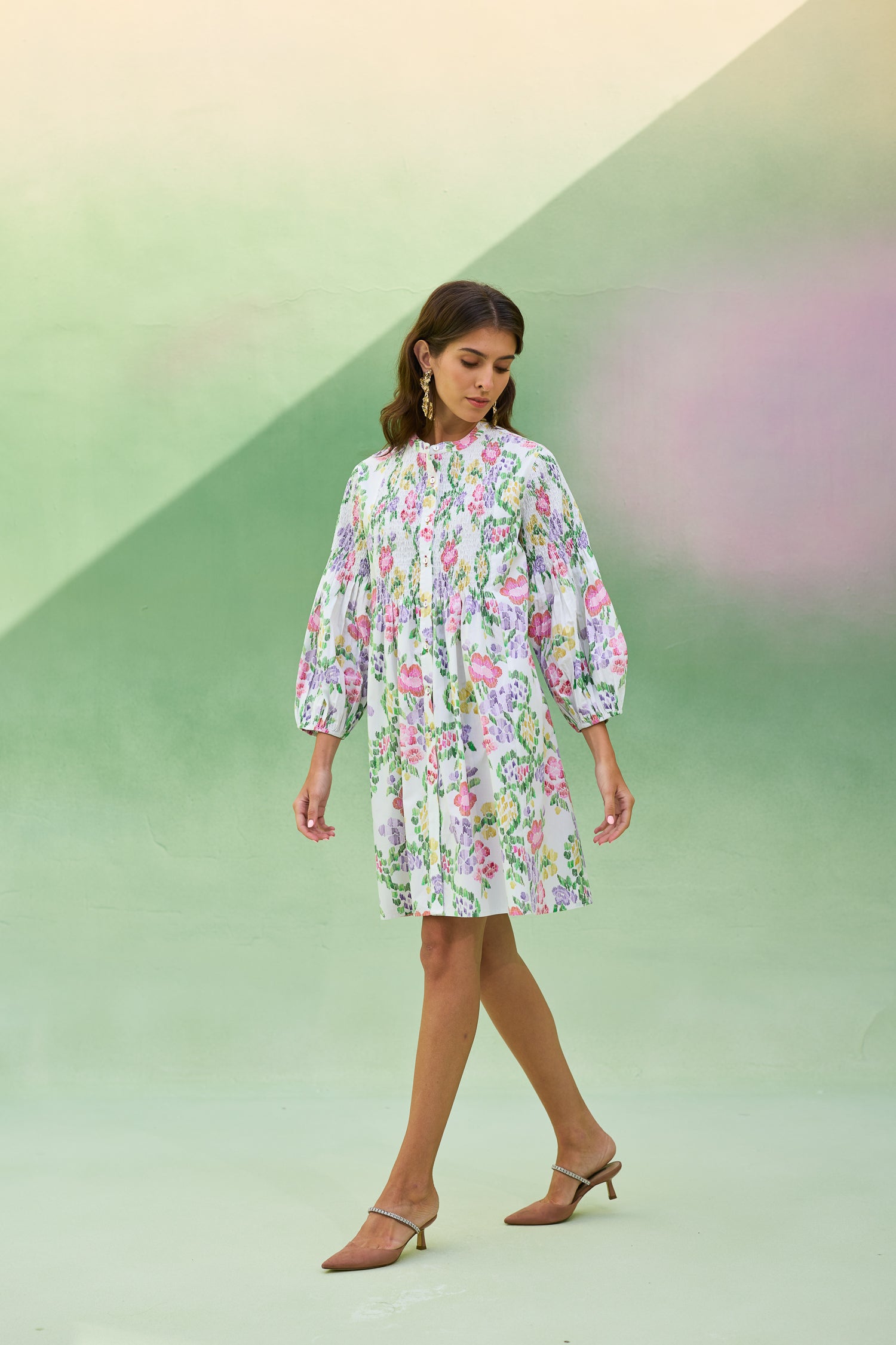 Ivory Floral Ikat Smocked Shirt Dress