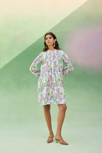 Ivory Floral Ikat Smocked Shirt Dress