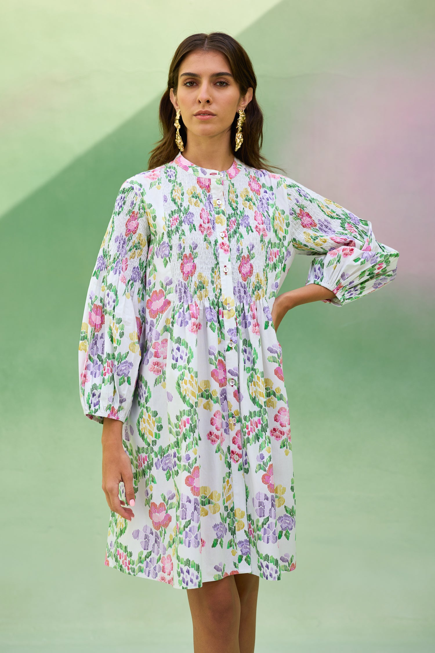 Ivory Floral Ikat Smocked Shirt Dress