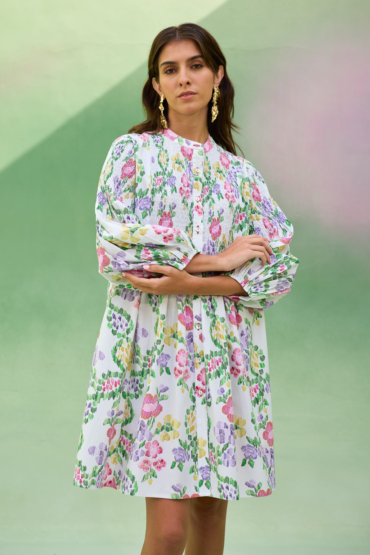 Ivory Floral Ikat Smocked Shirt Dress