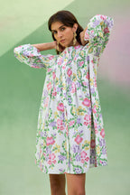 Ivory Floral Ikat Smocked Shirt Dress