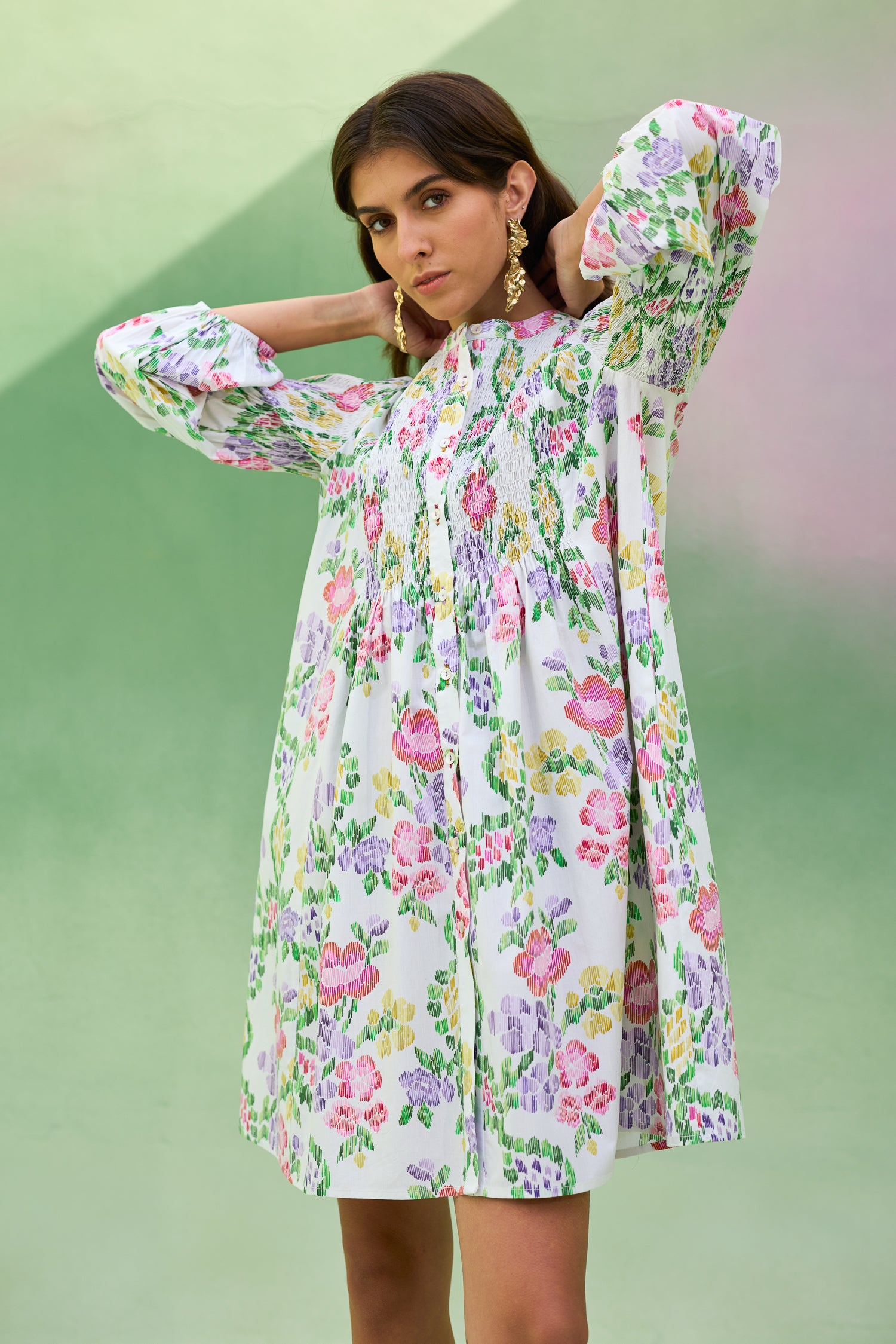 Ivory Floral Ikat Smocked Shirt Dress