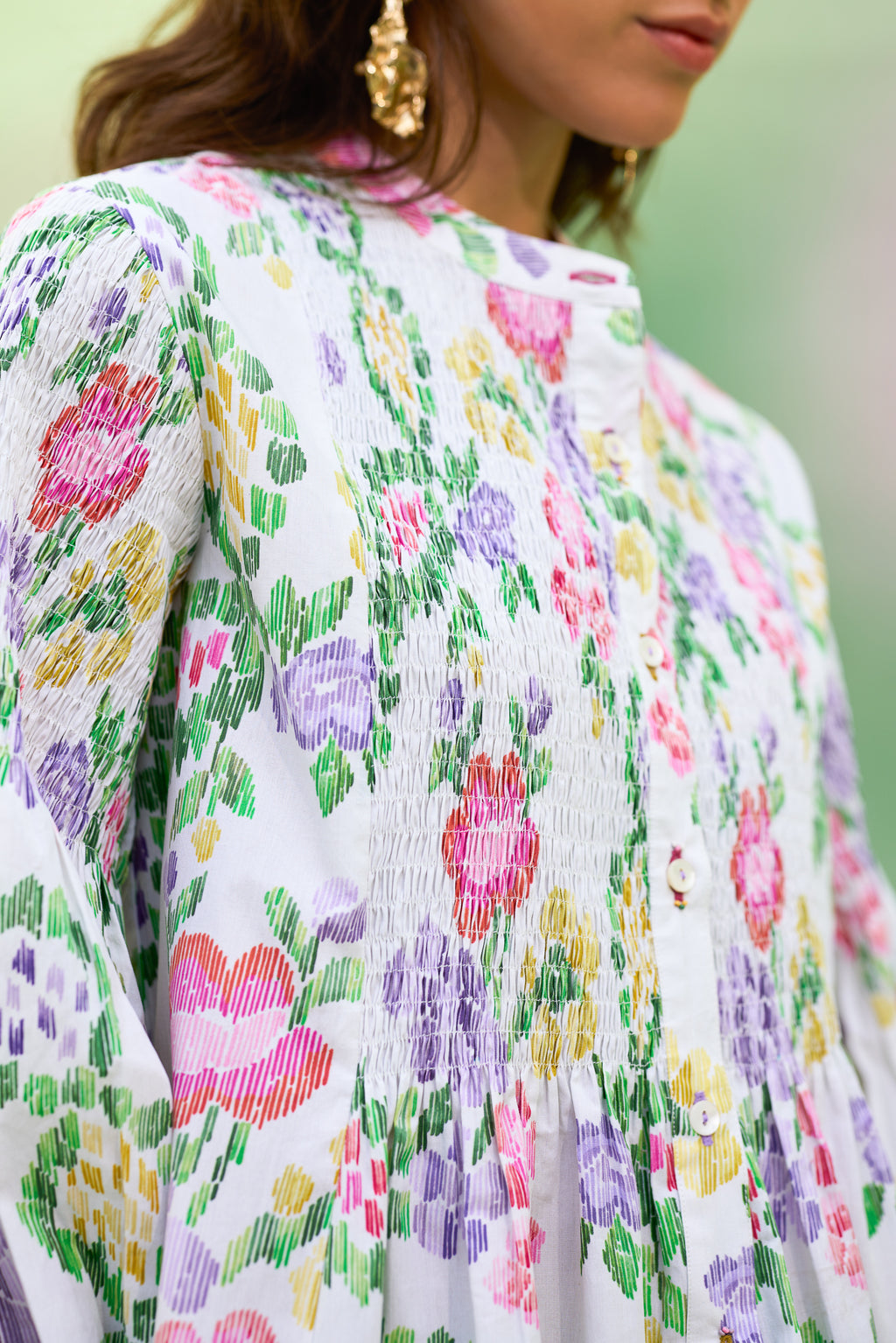 Ivory Floral Ikat Smocked Shirt Dress