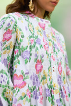 Ivory Floral Ikat Smocked Shirt Dress