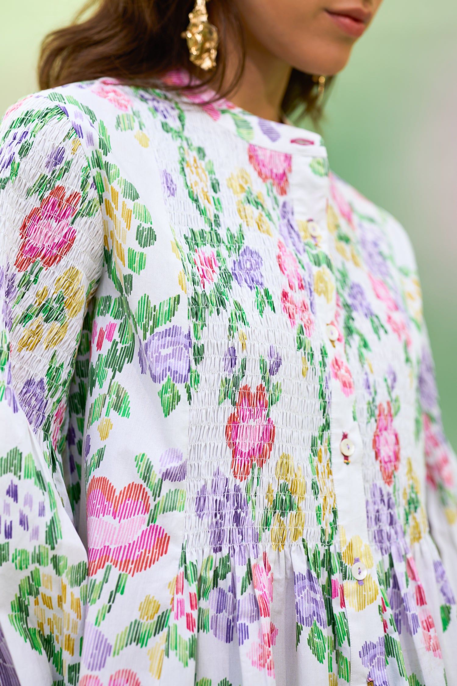 Ivory Floral Ikat Smocked Shirt Dress