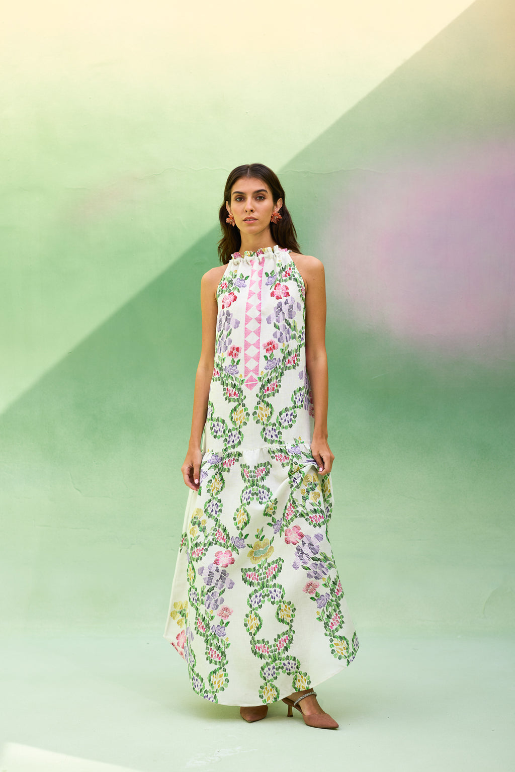 Ivory Floral Ikat Maxi Dress