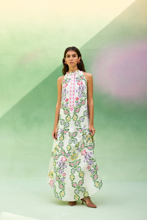 Ivory Floral Ikat Sleeveless Maxi Dress