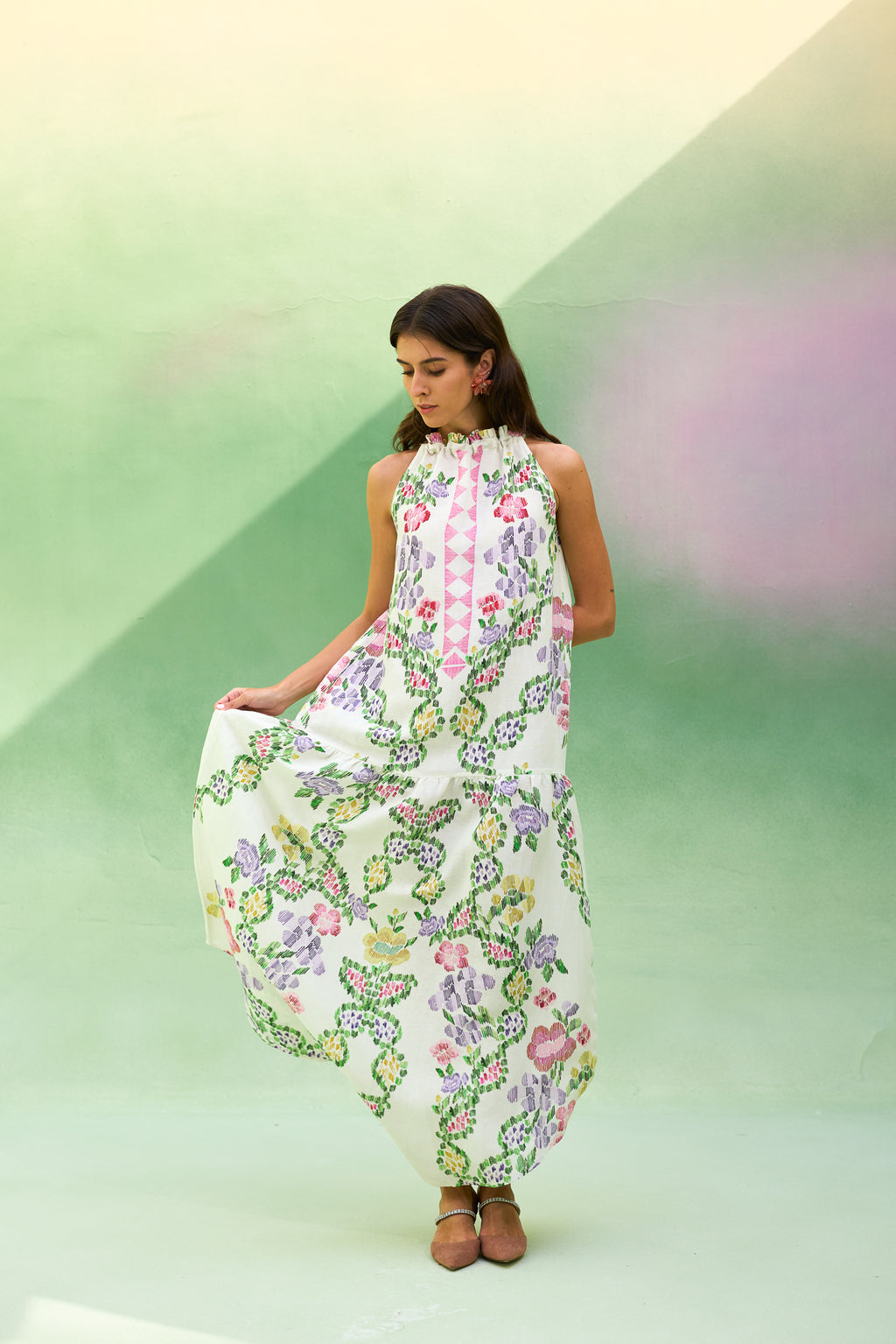 Ivory Floral Ikat Maxi Dress