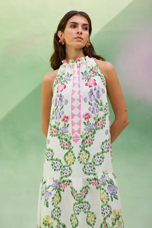 Ivory Floral Ikat Sleeveless Maxi Dress