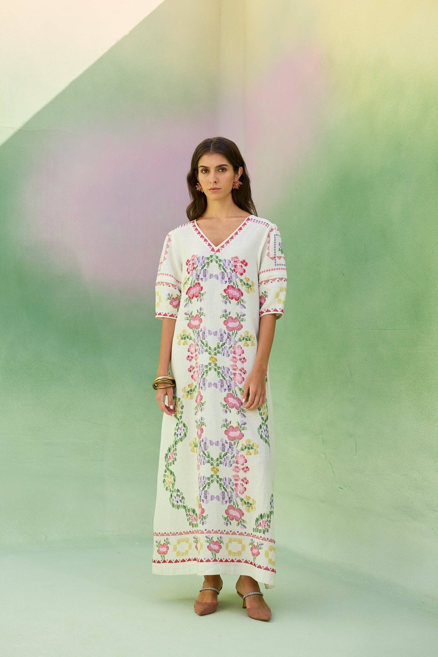 Ivory Floral Ikat V-Neck Maxi Dress