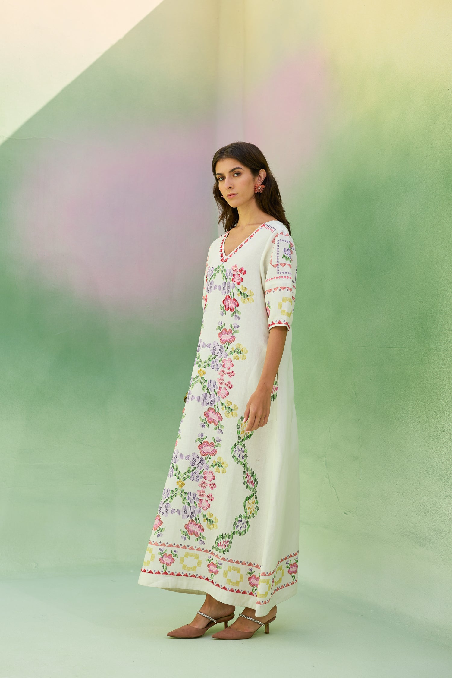 Ivory Floral Ikat V-Neck Maxi Dress