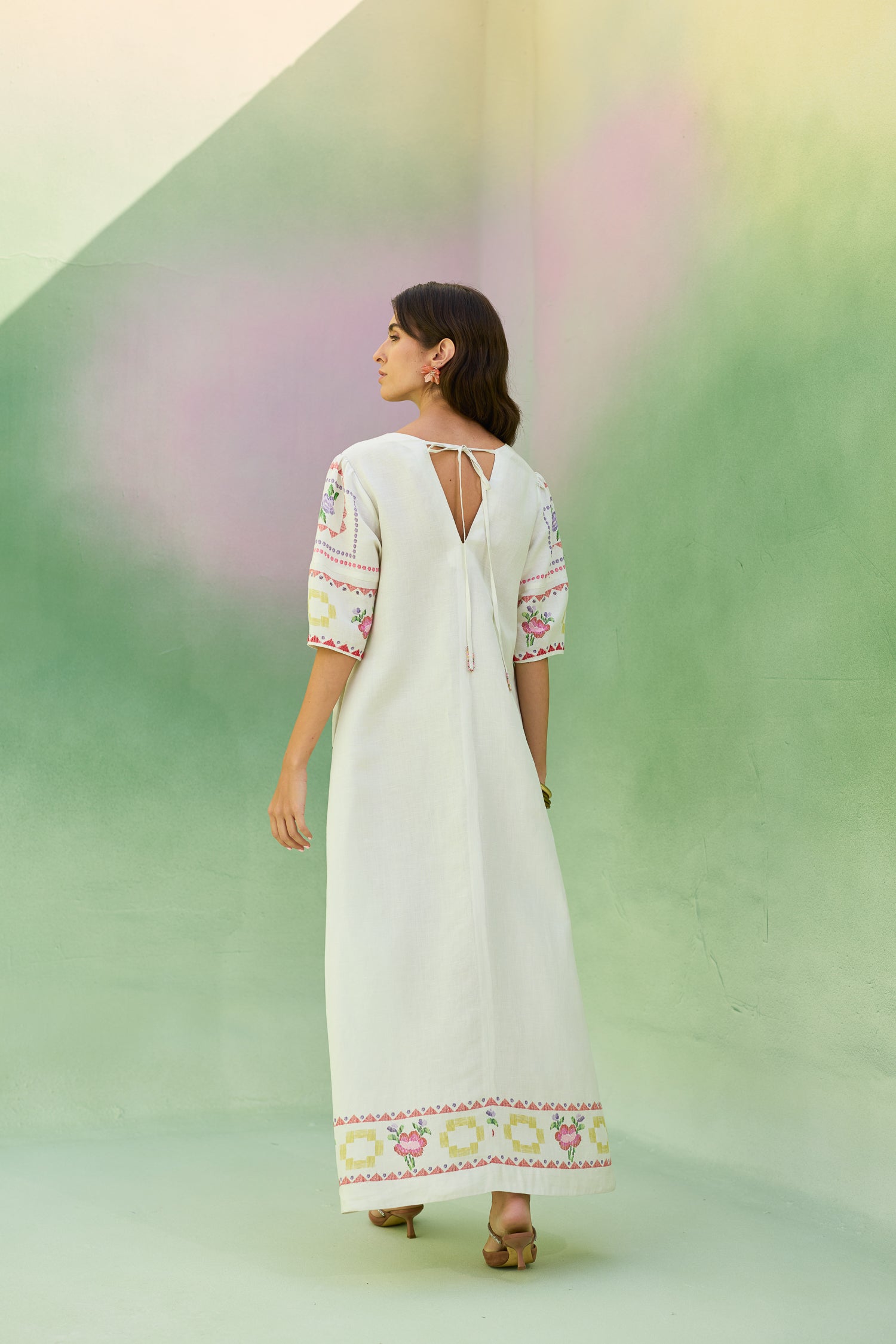 Ivory Floral Ikat V-Neck Maxi Dress