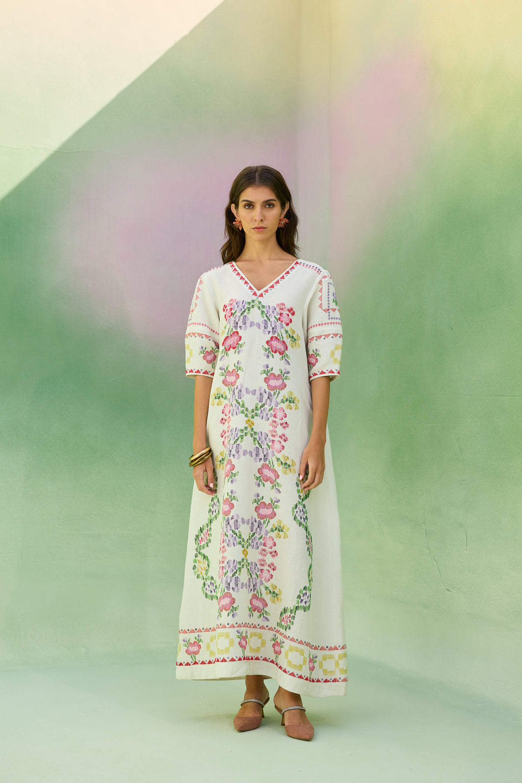Ivory Floral Ikat V-Neck Maxi Dress