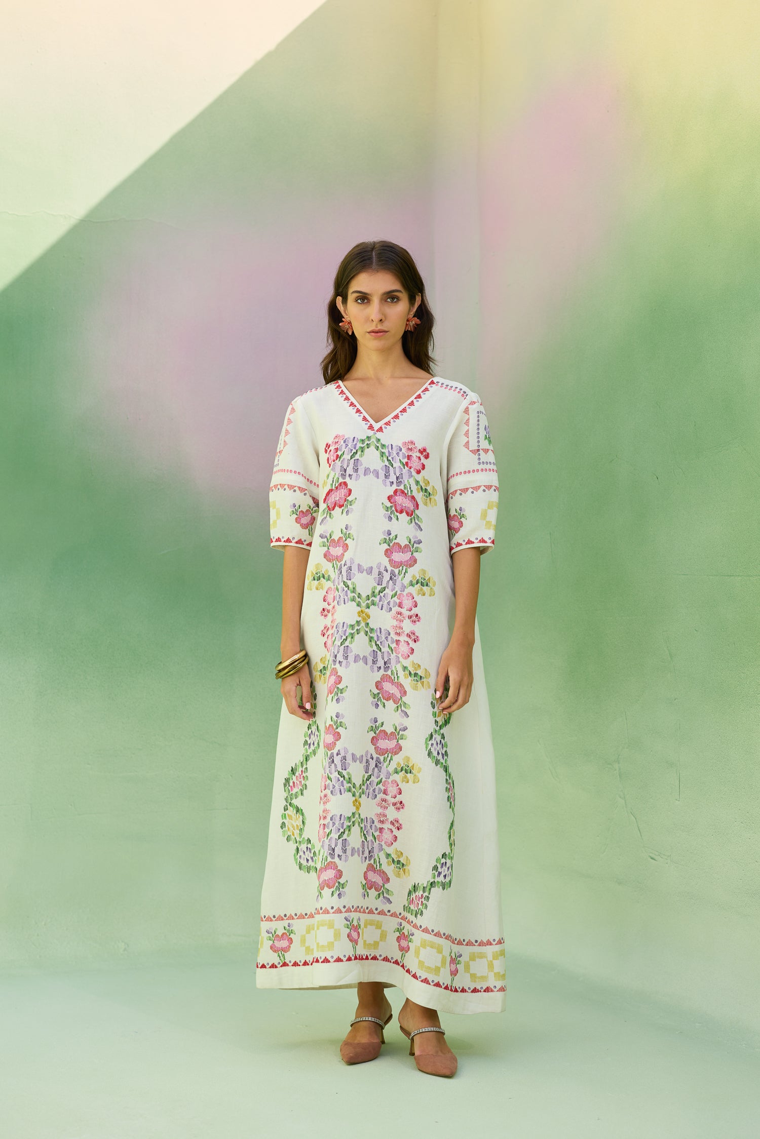 Ivory Floral Ikat V-Neck Maxi Dress