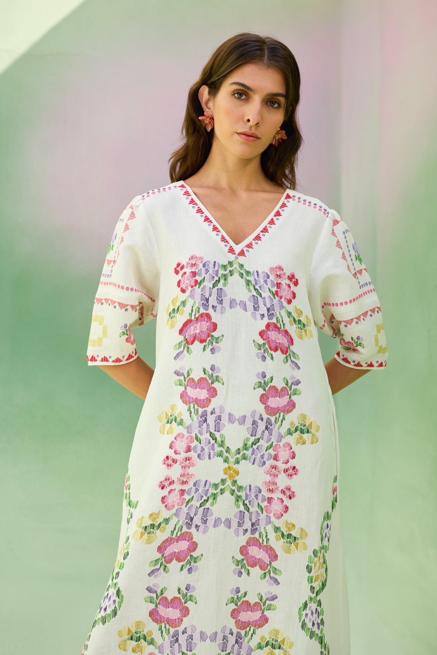 Ivory Floral Ikat V-Neck Maxi Dress