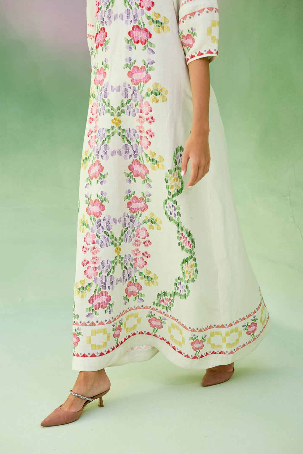 Ivory Floral Ikat V-Neck Maxi Dress