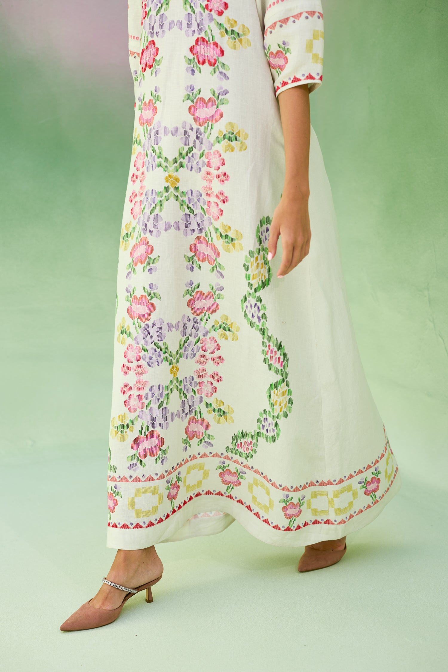 Ivory Floral Ikat V-Neck Maxi Dress