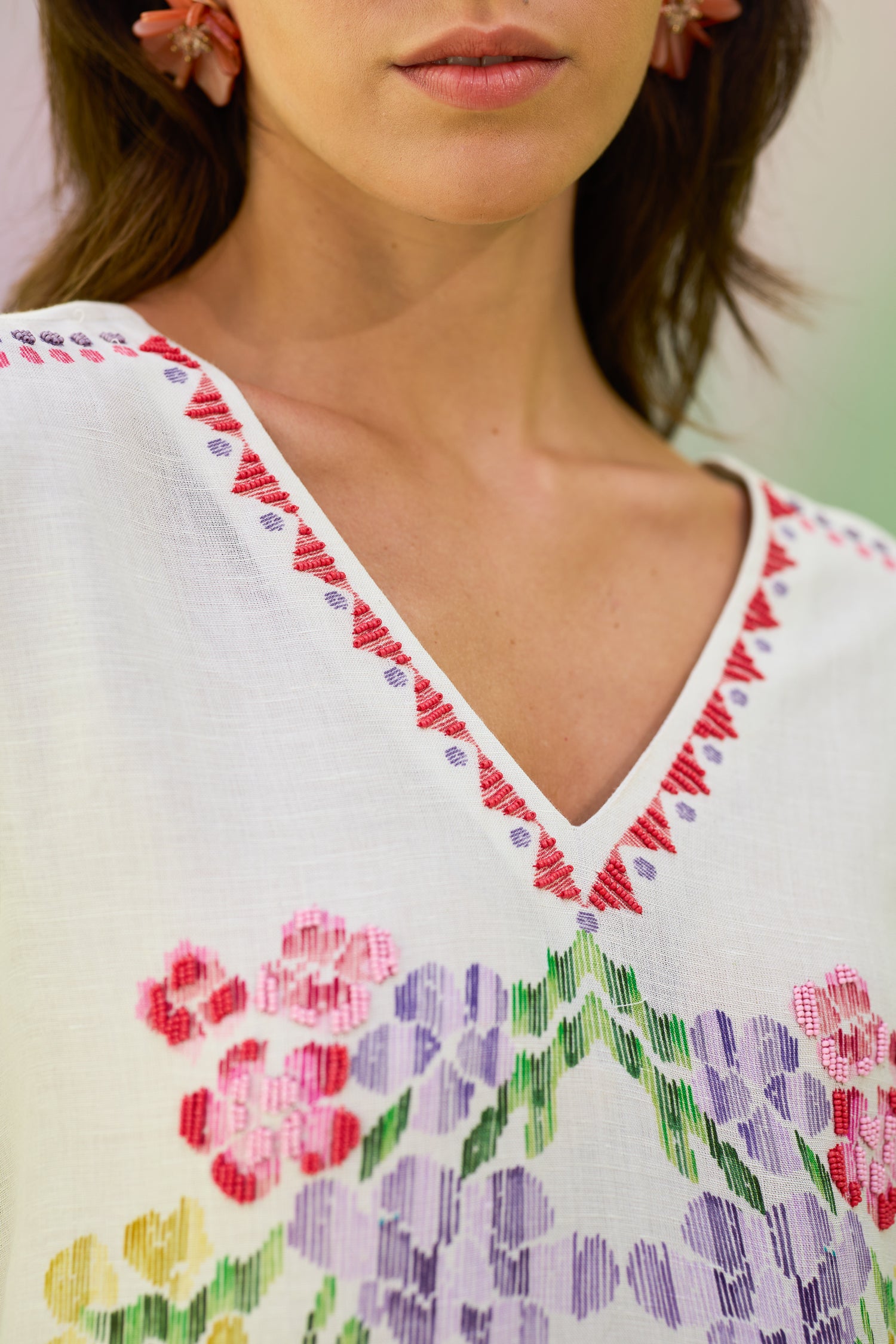 Ivory Floral Ikat V-Neck Maxi Dress