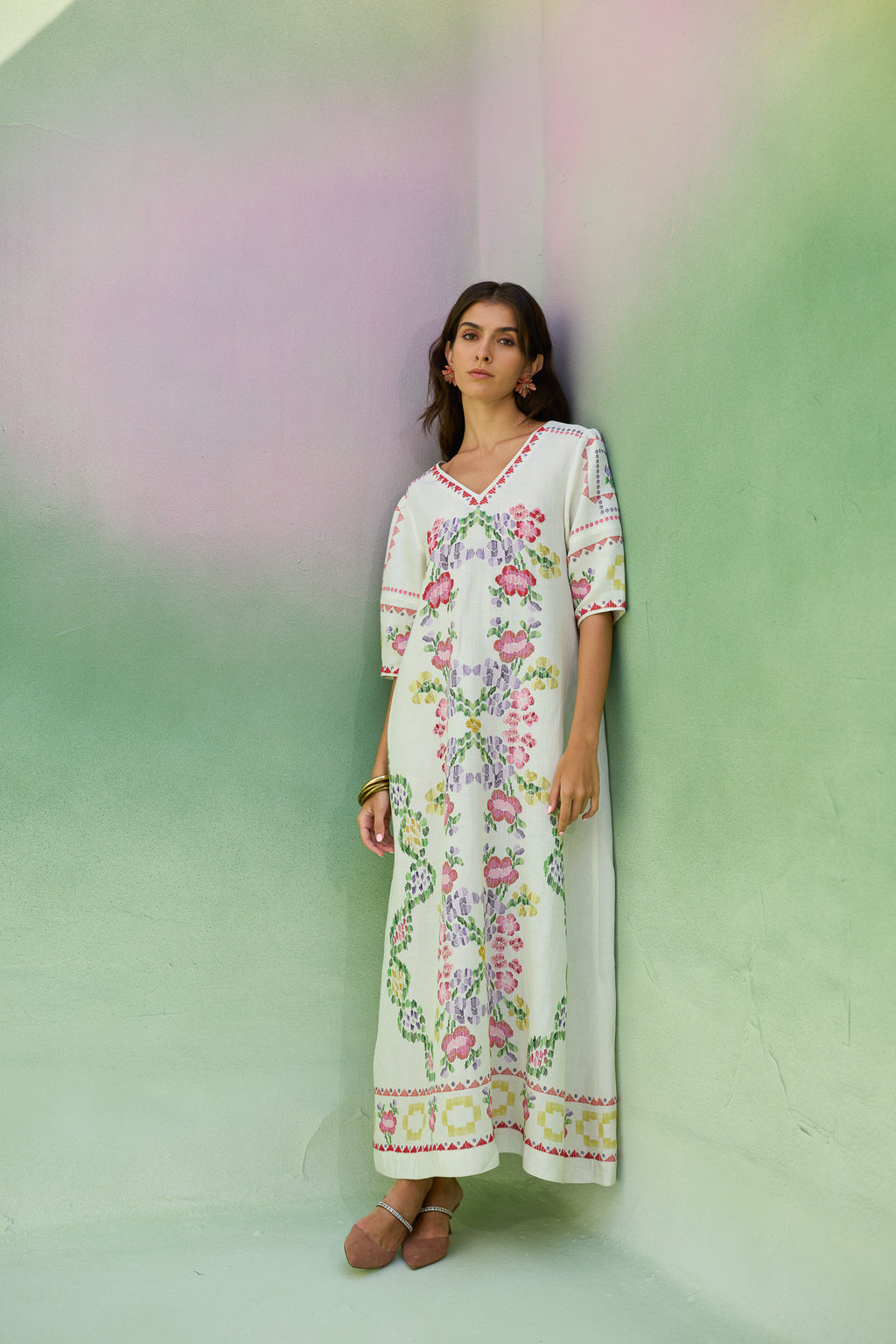 Ivory Floral Ikat V-Neck Maxi Dress