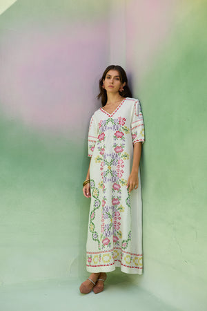 Ivory Floral Ikat V-Neck Maxi Dress