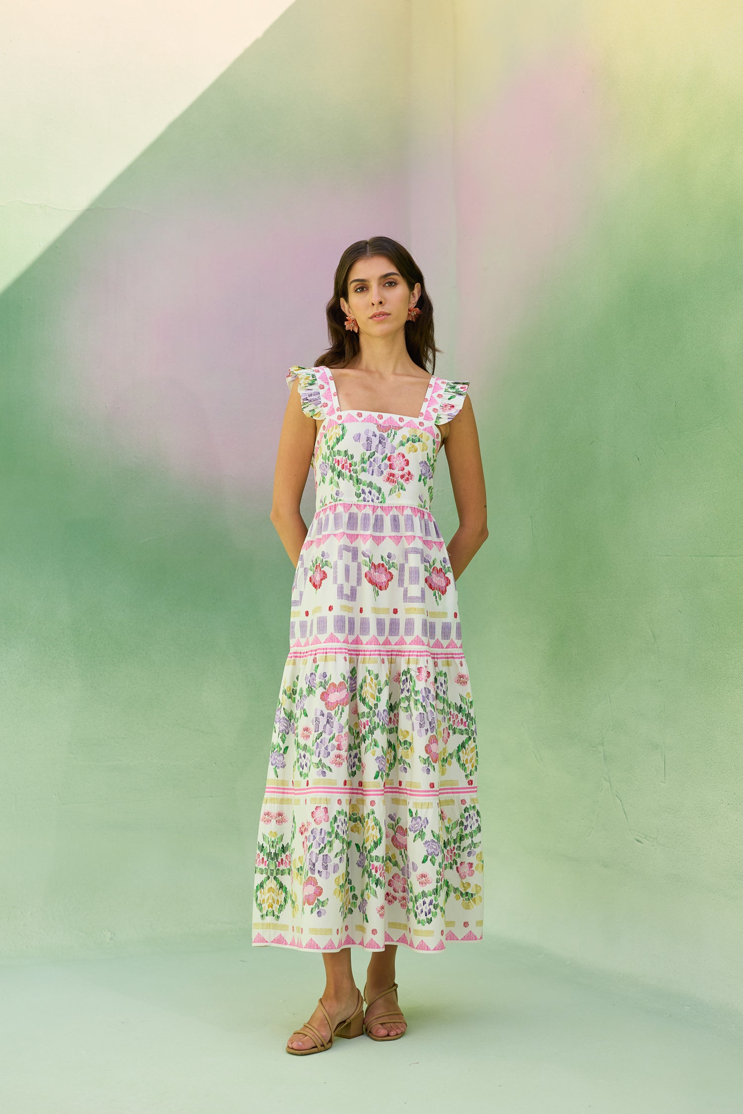 Ivory Floral Ikat Tiered Maxi Dress L Ivory Floral Ikat Tiered Maxi Dress L
