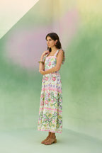 Ivory Floral Ikat Tiered Maxi Dress