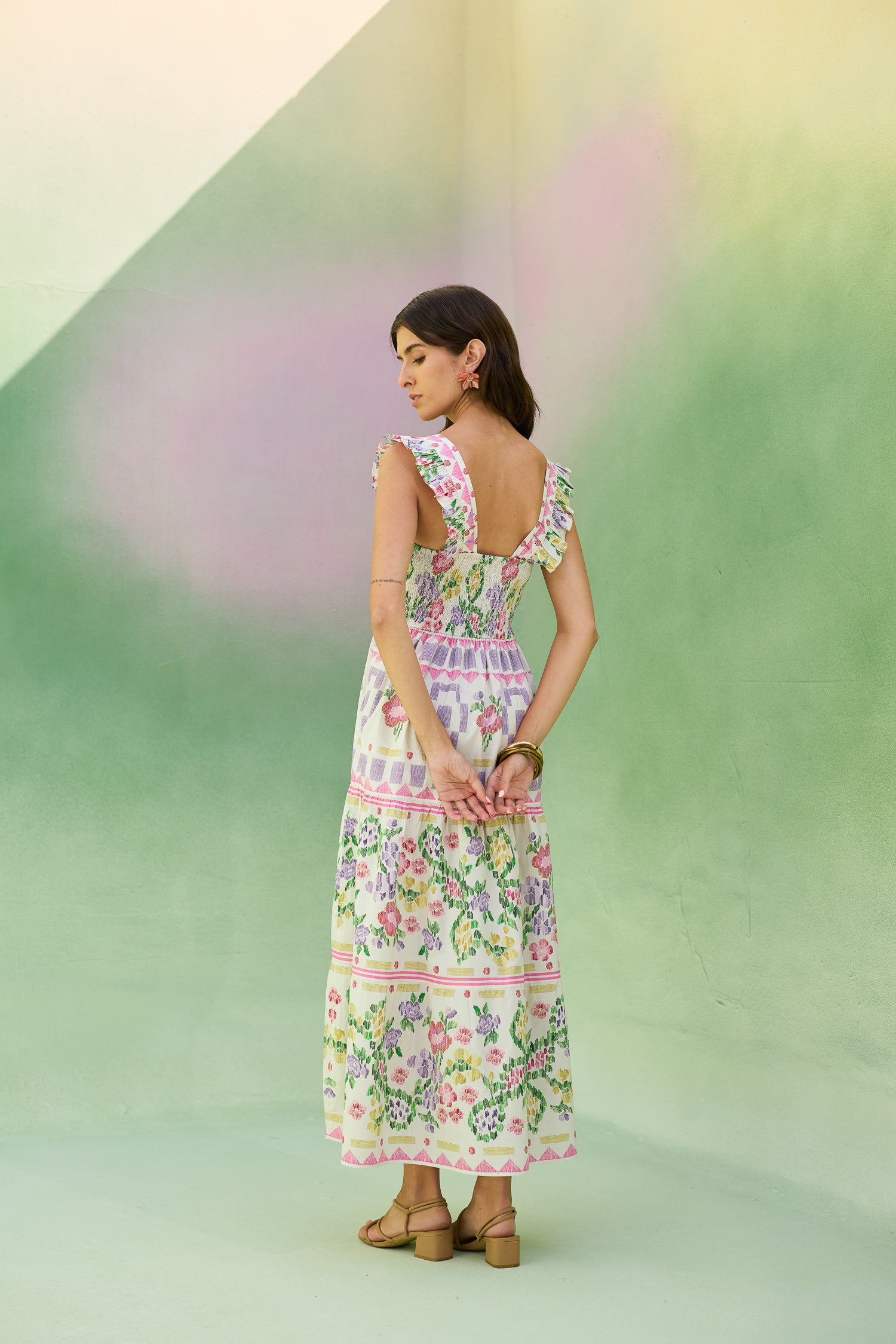 Ivory Floral Ikat Tiered Maxi Dress