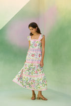 Ivory Floral Ikat Tiered Maxi Dress