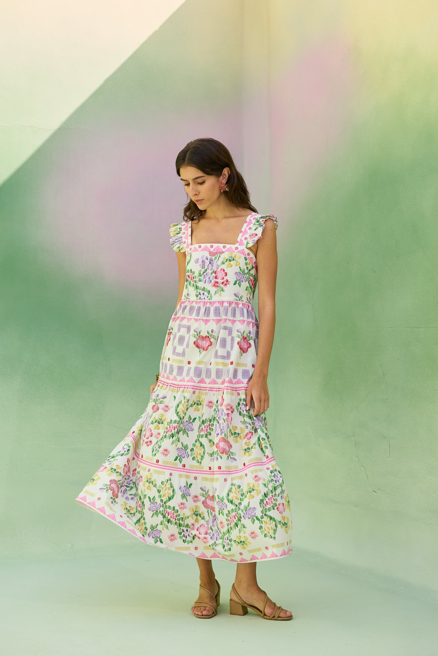 Ivory Floral Ikat Tiered Maxi Dress