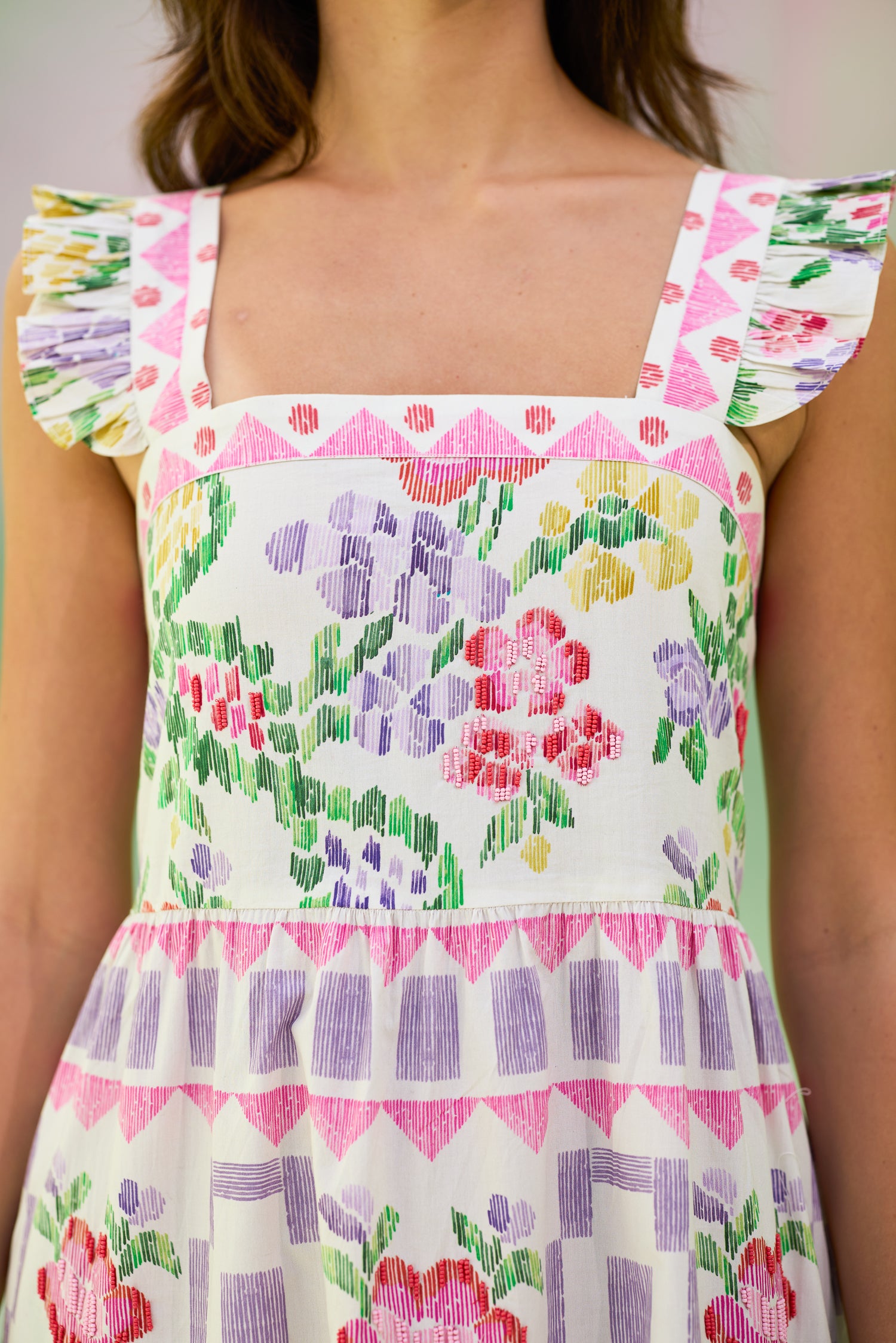 Ivory Floral Ikat Tiered Maxi Dress